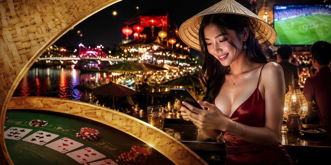 Người phụ nữ đội nón lá tại Hà Nội chơi baccarat trực tuyến trên điện thoại