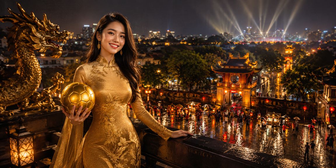 Người phụ nữ áo dài trải nghiệm slot game trong không gian đêm Hà Nội