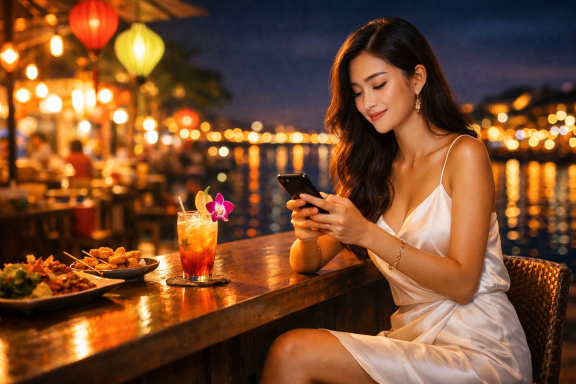 Người chơi trải nghiệm casino trực tuyến trên điện thoại ở chợ đêm Mekong